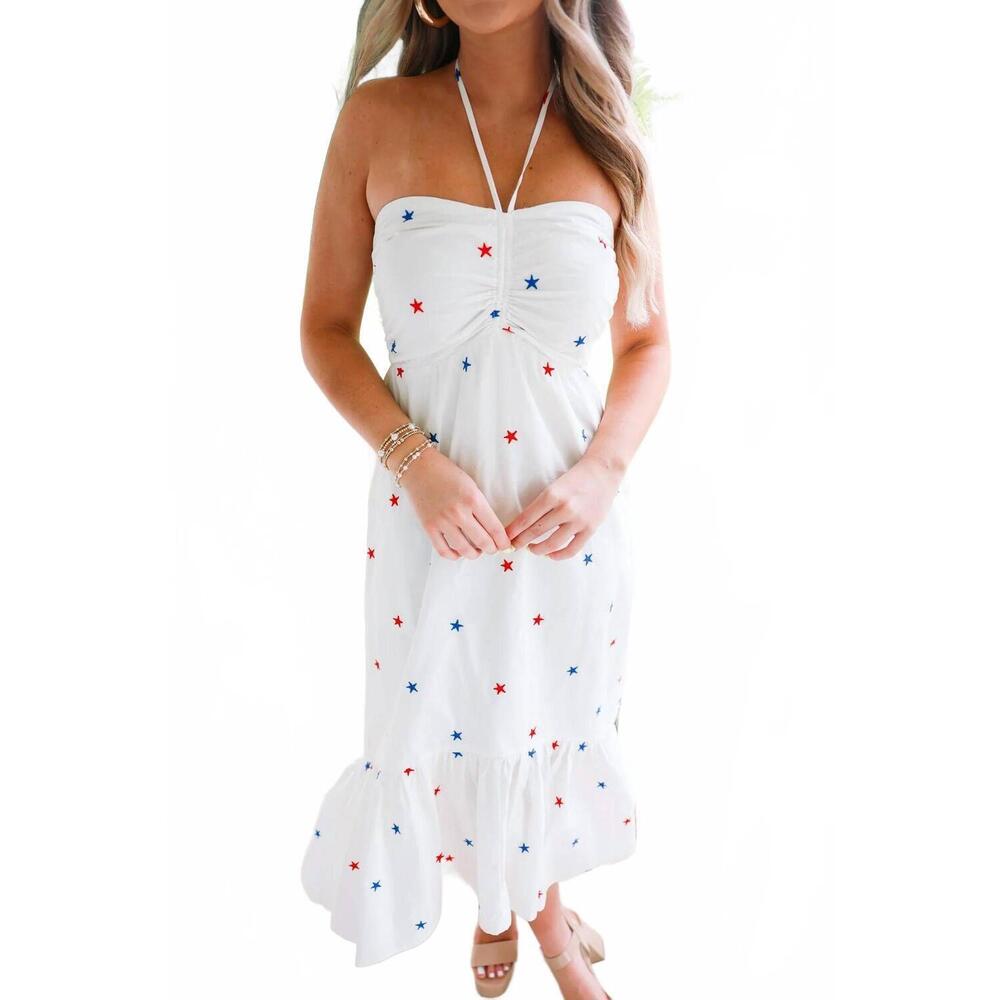 NEW DAY + MOON star embroidered halter midi dress in white